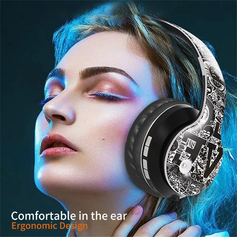 Wireless Bluetooth 5.0 Headphones Over Ear Headest Graffiti Design Foldable Headphone with Mic Hi-Fi Stereo For phone pc laptop