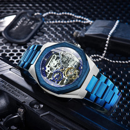 Forsining Tourbillon Skeleton Mechanical Watch for Men Luminous Hands Stainless Steel Strap Fashion Business Automatic Watches