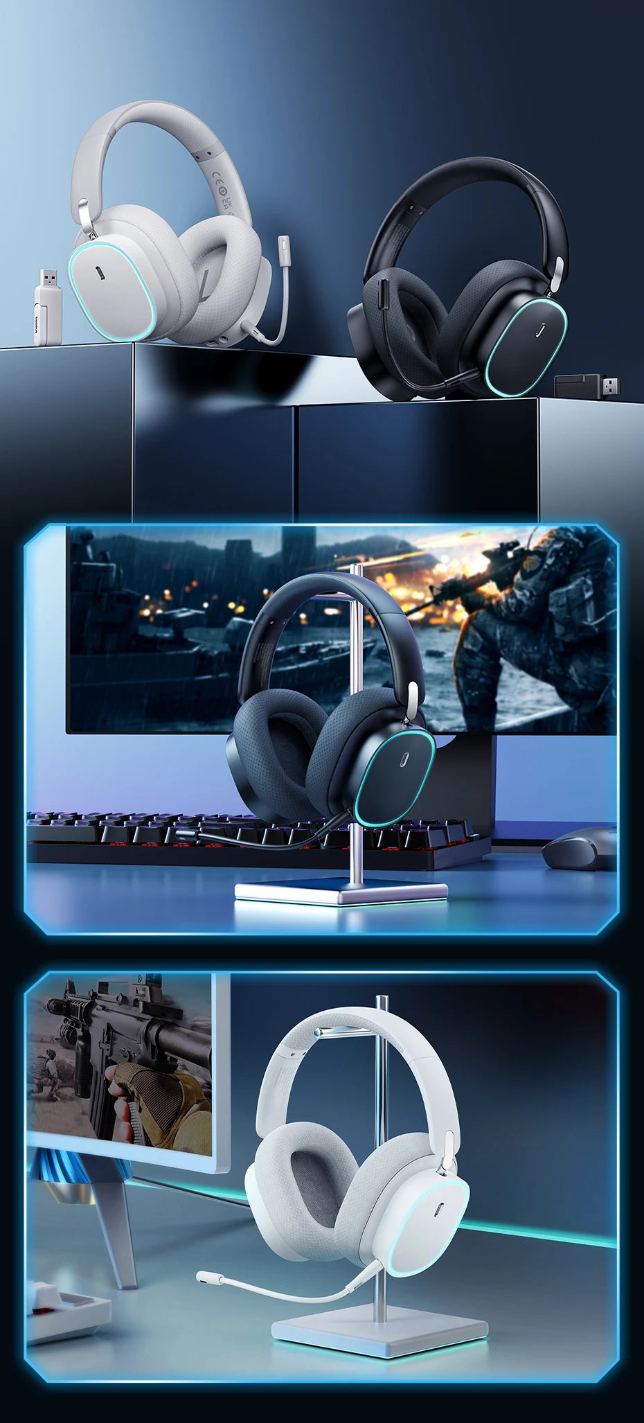 Baseus GH02 Gaming Wireless Headphones Bluetooth 5.3 Over-Ear Headset with Mic, 40mm Driver RGB Gaming Headphones, 2.4G Wireless Low Latency Headset