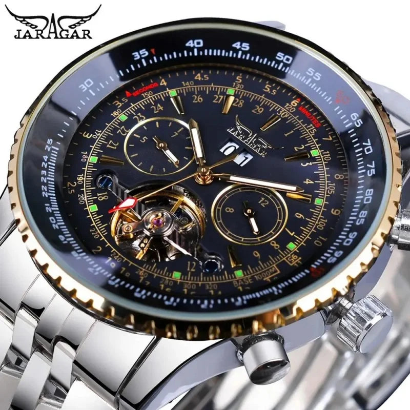Luksusowy zegarek mechaniczny z automatycznym mechanizmem w stylu retro JARAGAR 034, tourbillon, szkieletowa konstrukcja, stal nierdzewna, kalendarz tygodniowy, zegarek męski