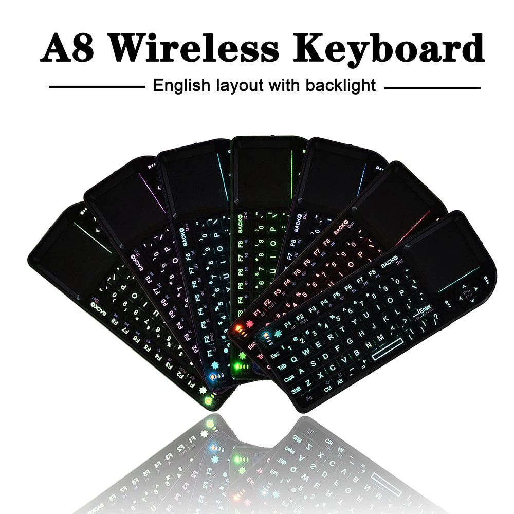 A8 Mini Wireless Keyboard 2.4G 7 Color Backlit 3 in1 Handheld Keyboard with Touchpad Air Mouse for Android TV Box PC Tablet