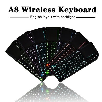 A8 Mini Wireless Keyboard 2.4G 7 Color Backlit 3 in1 Handheld Keyboard with Touchpad Air Mouse for Android TV Box PC Tablet