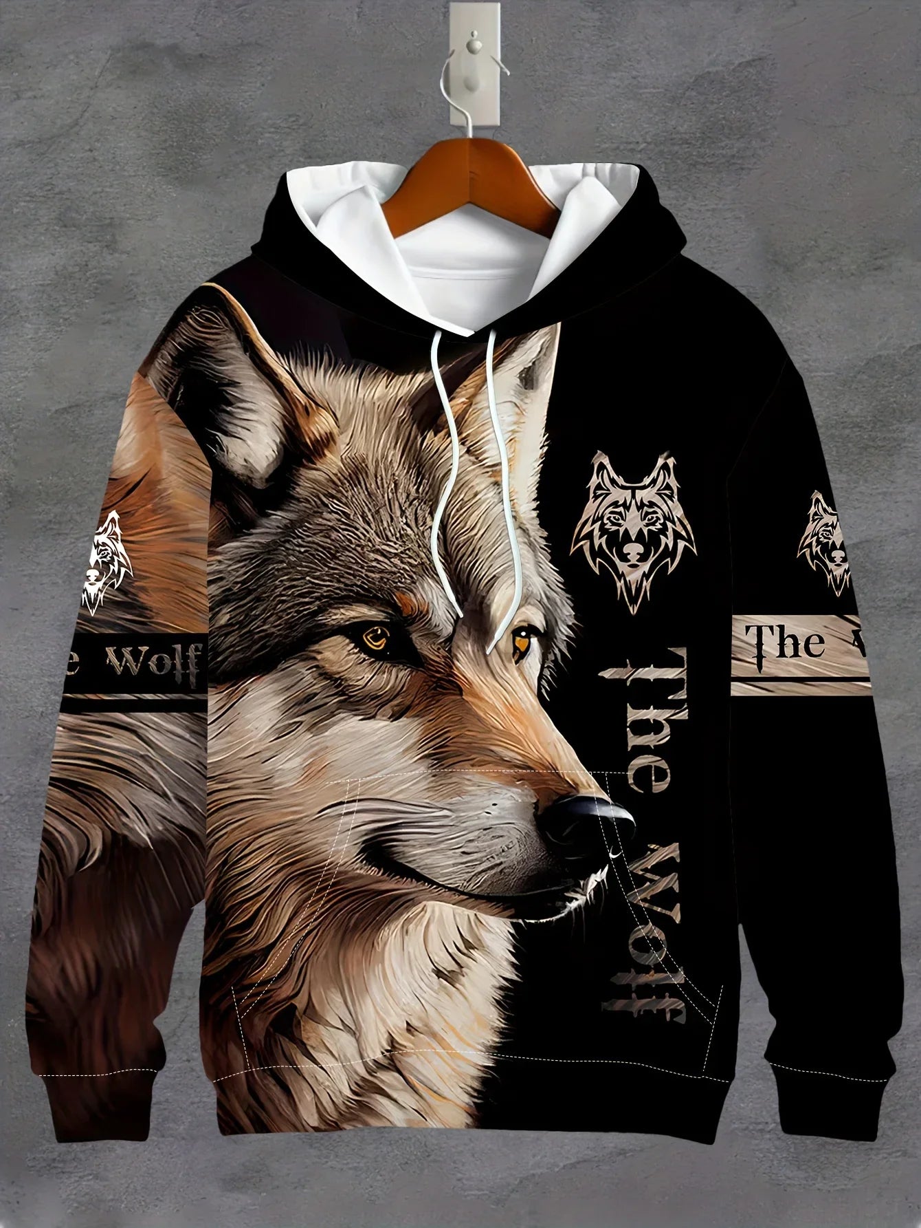 Men'S 3D White Wolf Print Hoodie, Casual Long Sleeve Pullover with Drawstring Pocket, 100% Polyester Slight Stretch Men Clothing