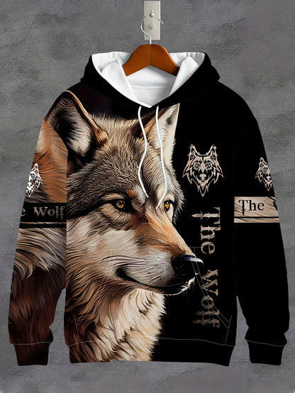 Men'S 3D White Wolf Print Hoodie, Casual Long Sleeve Pullover with Drawstring Pocket, 100% Polyester Slight Stretch Men Clothing