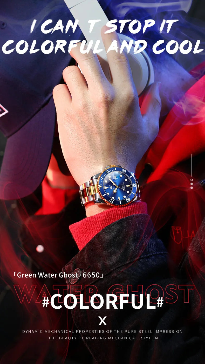 Montre pour homme OLEVS 6650 : montre mécanique automatique classique d'origine pour homme, cadran en zircon, étanche, luminescente, en acier inoxydable