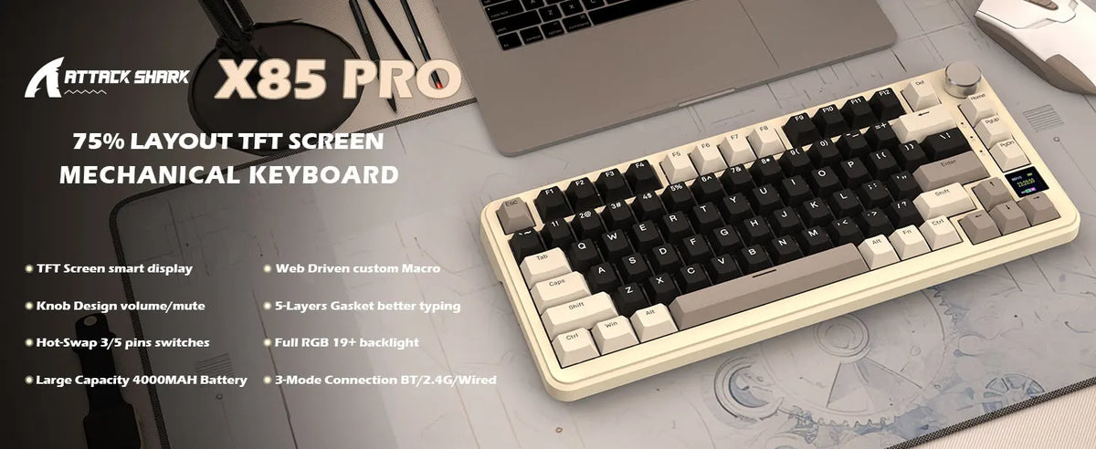 ATTACK SHARK X85 Pro 75% Mechanical Keyboard Wireless RGB Gaming Keyboard with Display Screen, Knob, Hot Swappable Gasket Mount, Bluetooth, 2.4GHz & Wired