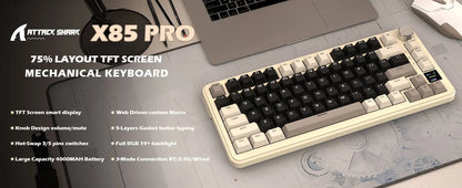 ATTACK SHARK X85 Pro 75% Mechanical Keyboard Wireless RGB Gaming Keyboard with Display Screen, Knob, Hot Swappable Gasket Mount, Bluetooth, 2.4GHz & Wired