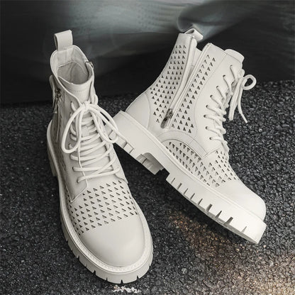 Non-Slip Men's High Top Casual Leather Shoes Street Style Motorcycle Boots New Stylish Ankle Boots Thick Bottom Walking Footwear