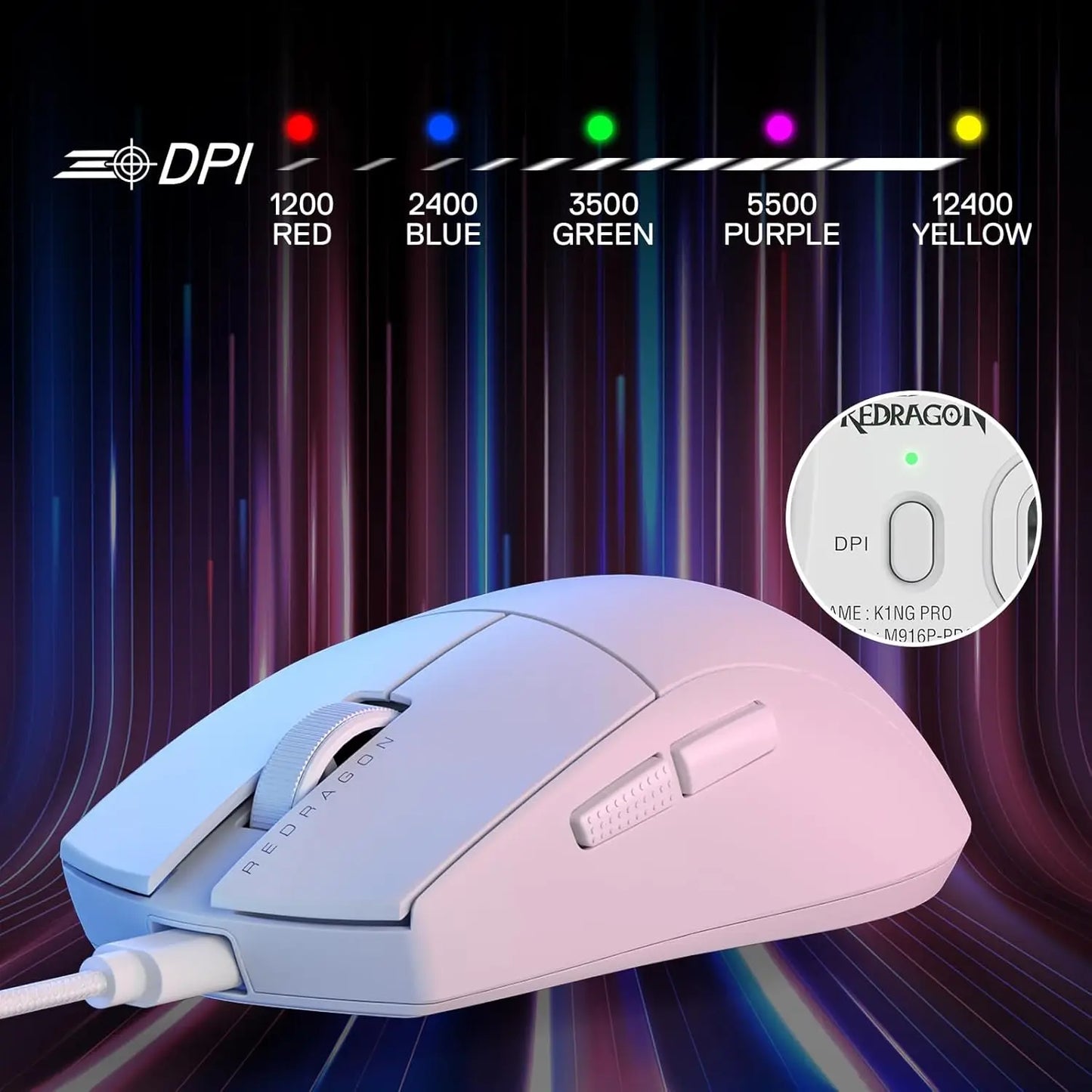 Igralna miška Redragon M724 z žico, ultra lahka 42G, optična, največ 12,400 DPI, 5 programabilnih gumbov