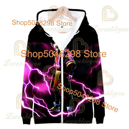 Sweatshirt Fortnite para Adultos e Crianças, Hoodie Infantil com Fecho, Estampado 3D de Jogo, para Rapazes e Raparigas, Estilo Harajuku, Manga Comprida, Roupa para Adolescentes