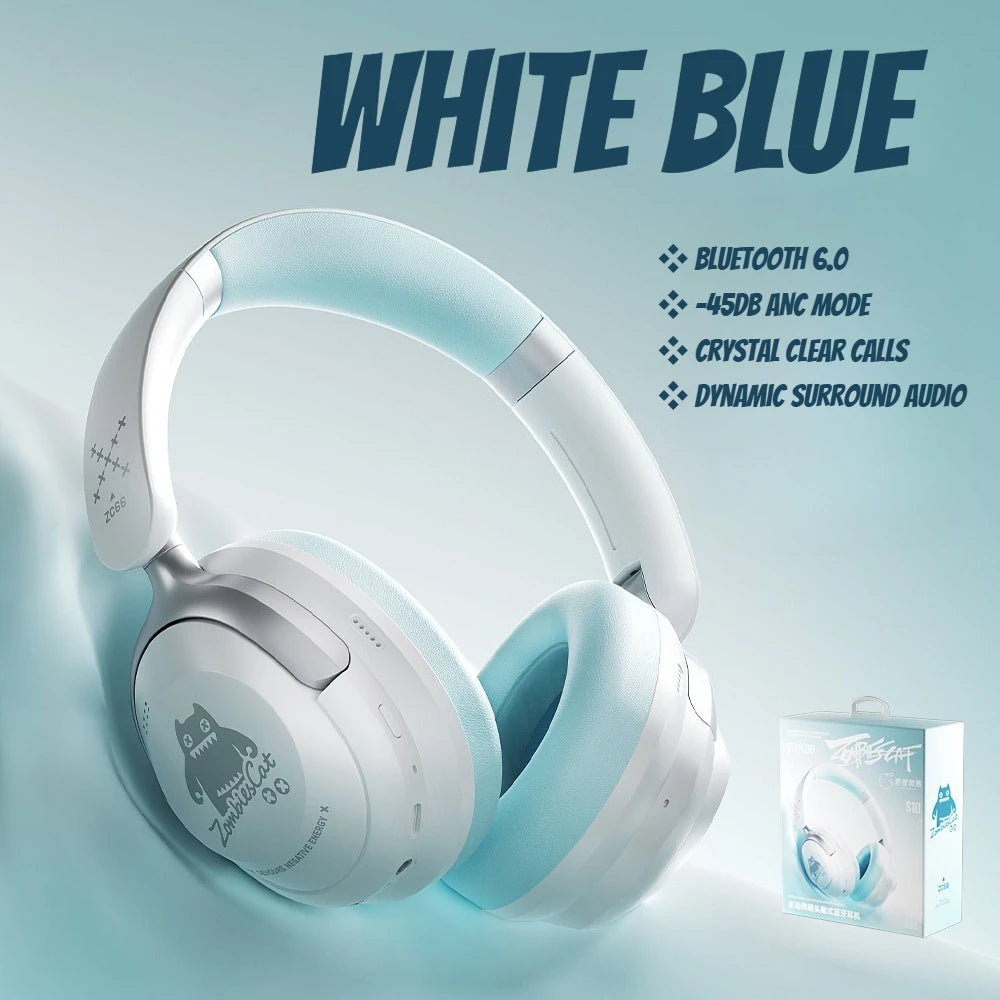 Zombies Cat S10 ANC Bluetooth Headphones with 45dB Noise Cancellation, HiFi Stereo Wireless Over-Ear Headset with Mic