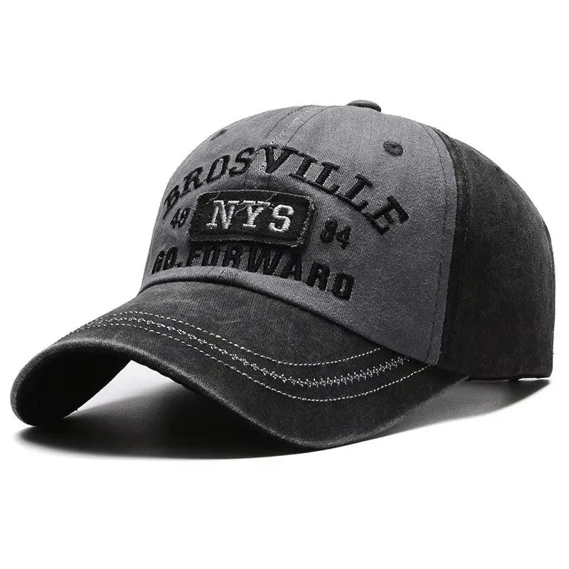 Cappellino da baseball da uomo Four Seasons, stile casual, in cotone lavato con effetto invecchiato, con lettere ricamate, visiera piegata, forma a cupola, cappellino casual per la protezione dal sole
