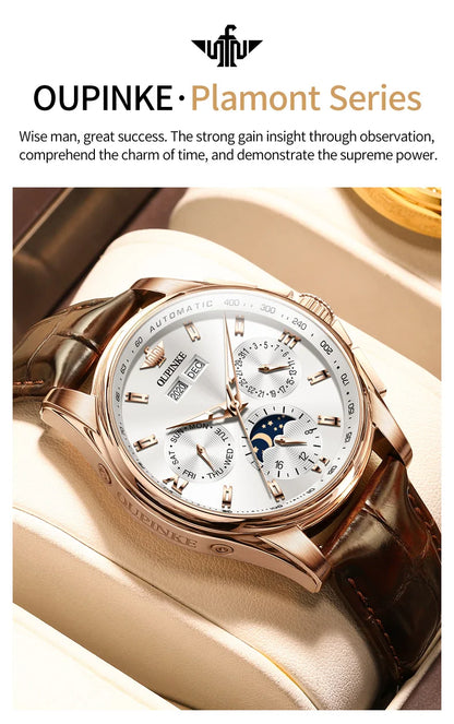 OUPINKE 3189 Classic Men's Watch Leather Strap Waterproof Moon phase Top Brand Automatic Mechanical Men's Wristwatch