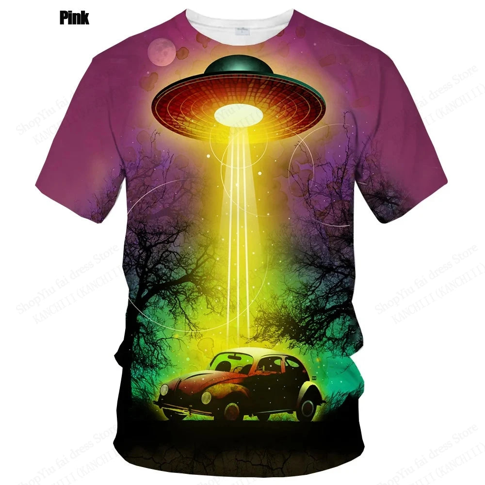Summer UFO Alien 3d Print T-shirt Men Fashion Casual O-Neck Short Sleeve Tshirt Funny Mysterious Spaceship Tops Tees Men Clothes