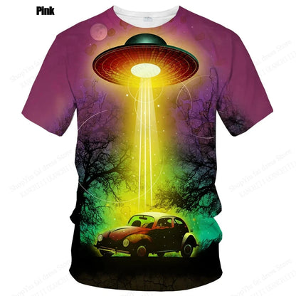 Summer UFO Alien 3d Print T-shirt Men Fashion Casual O-Neck Short Sleeve Tshirt Funny Mysterious Spaceship Tops Tees Men Clothes