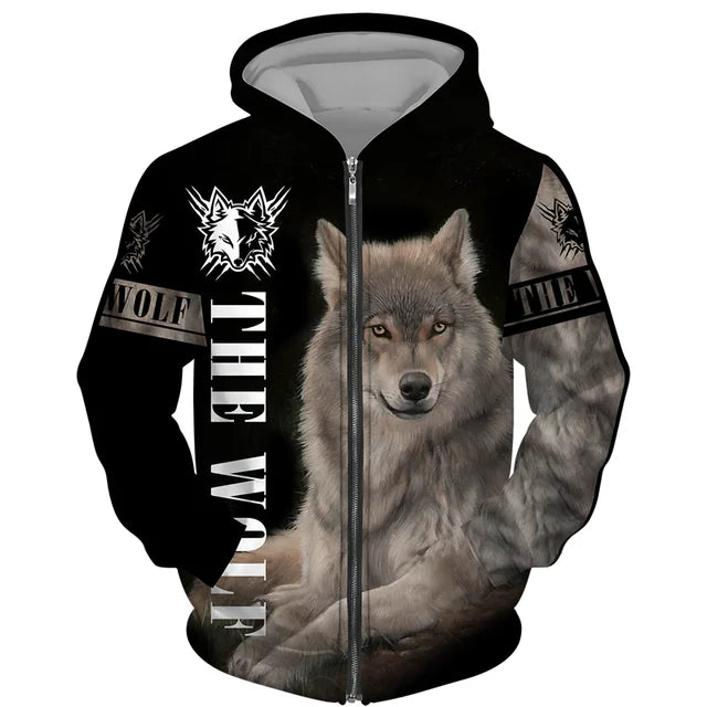 Sweat à capuz com fecho e estampado 3D de lobo, estilo streetwear, para homem/mulher, casaco com capuz unissexo casual hip-hop