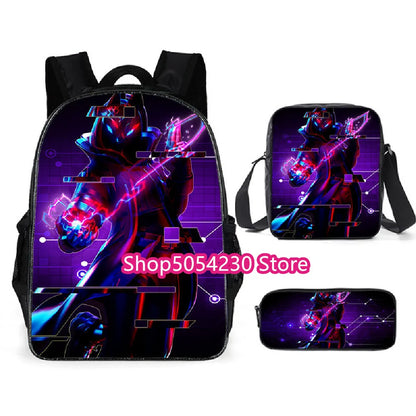 Conjunto de Mochila Fortnited 3PCS para Adolescentes e Estudantes, Saco de Viagem Fortress Night, Mochila Escolar 3D de Jogos Populares