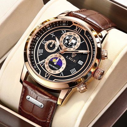 LIGE Luxury Man Wristwatch Waterproof Luminous Chronograph Watch for Men Leather Strap Men's Quartz Watches Reloj Hombre+Box
