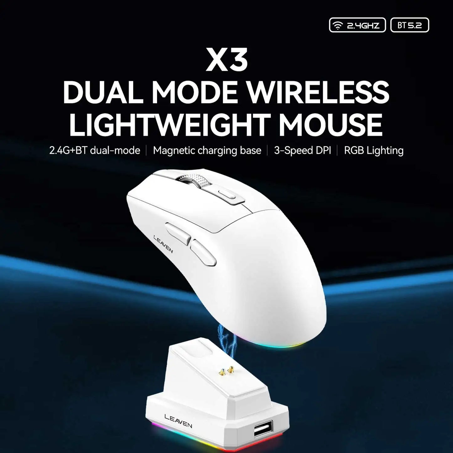 X3 Wireless Bluetooth Mouse Dual-Mode 2.4G Gaming Mouse, Rechargeable RGB Wireless Bluetooth Mouse with Adjustable DPI, Lightweight Ergonomic Mouse