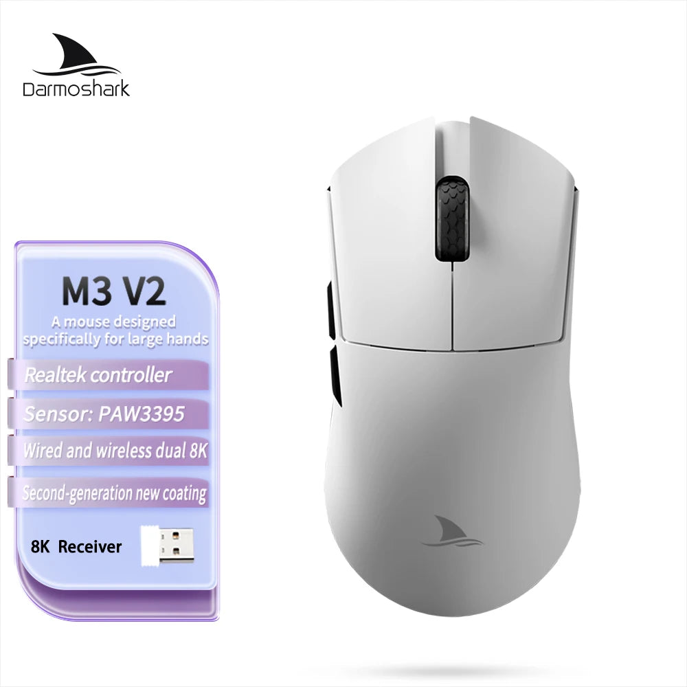 Souris gaming sans fil Darmoshark M3 V2 Tri-Mode 8K, capteur PAW3395, 26K DPI – Souris gaming ultra-légère pour PC et ordinateur portable