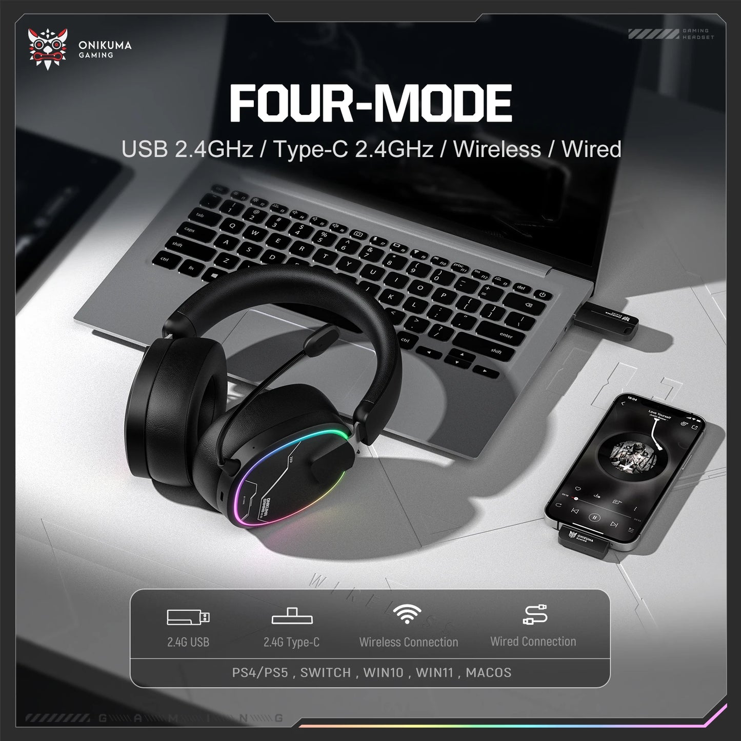 ONIKUMA GT808 Wireless Gaming Headset with 45dB Active Noise Cancelling, Hi-Res Audio, 2.4GHz, Bluetooth 5.3, Wired, 60H Battery for PC, PS5 & Switch