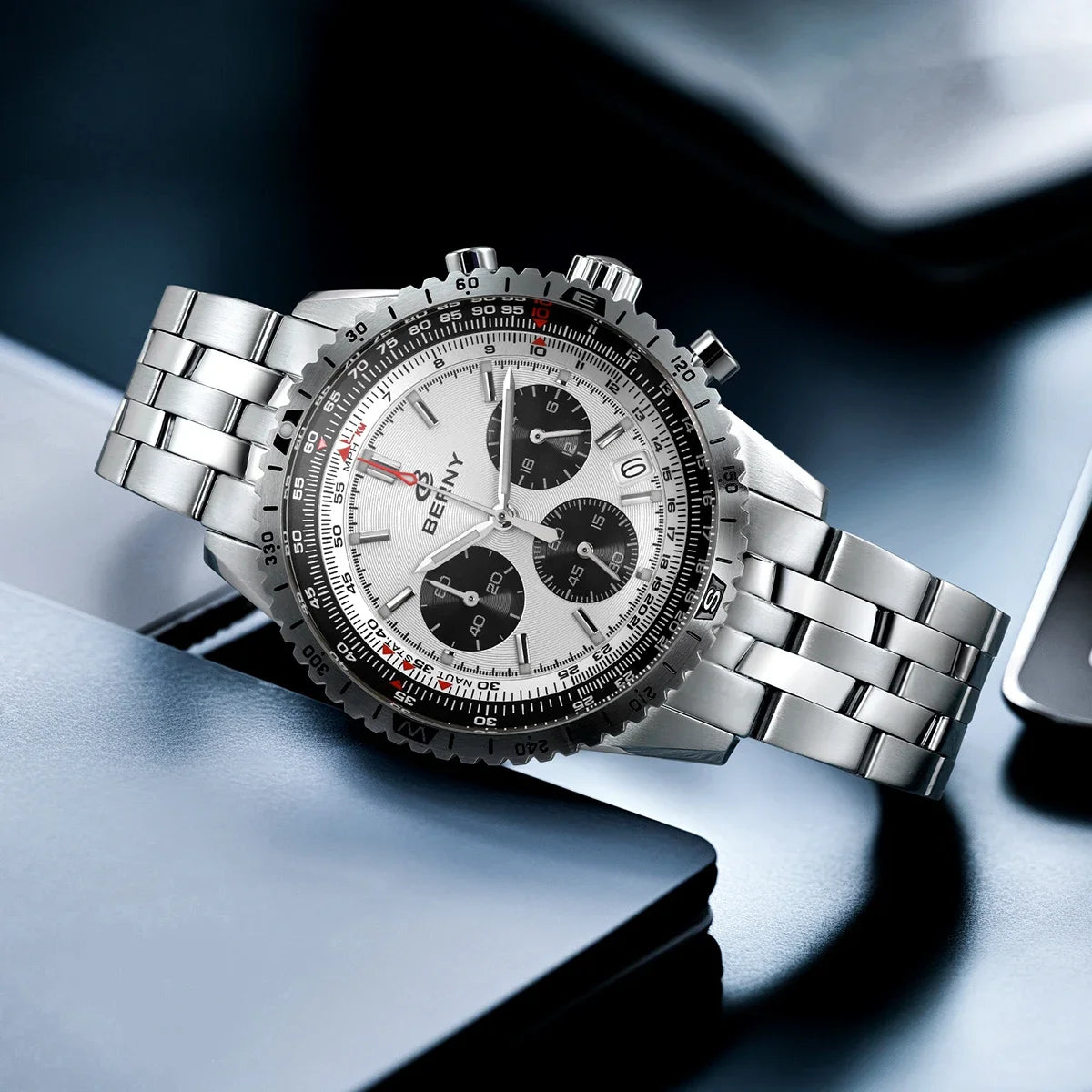 Męski zegarek chronograf BERNY – wielofunkcyjny zegarek kwarcowy w stylu lotniczym, wyposażony w datownik, szafirowe szkło i doskonałą luminescencję – luksusowy męski zegarek na rękę