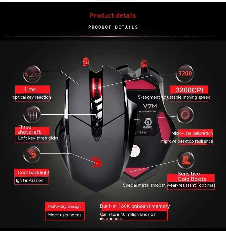 Bloody V7M trådbunden mus RGB lätt ergonomisk design 4000dpi PC kontor e-sport gaming makroprogrammerbar mus för CF LOL CS