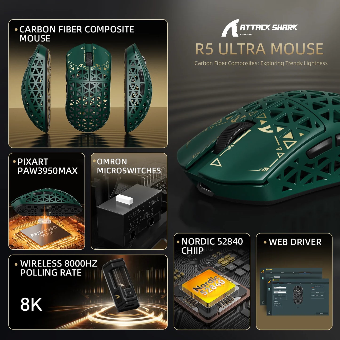 ATTACK SHARK R5 Ultra Carbon Fiber Wireless Gaming Mouse, 42g Lightweight Gaming Mouse, PAW3950MAX Sensor, 42000 DPI, 8000Hz, Tri-Mode Connectivity