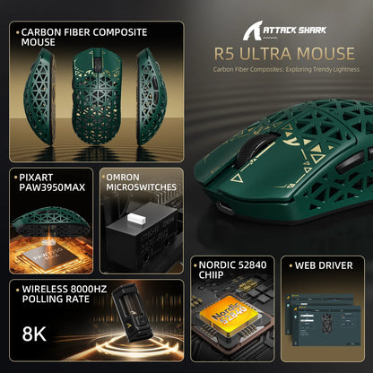 ATTACK SHARK R5 Ultra Carbon Fiber Wireless Gaming Mouse, 42g Lightweight Gaming Mouse, PAW3950MAX Sensor, 42000 DPI, 8000Hz, Tri-Mode Connectivity