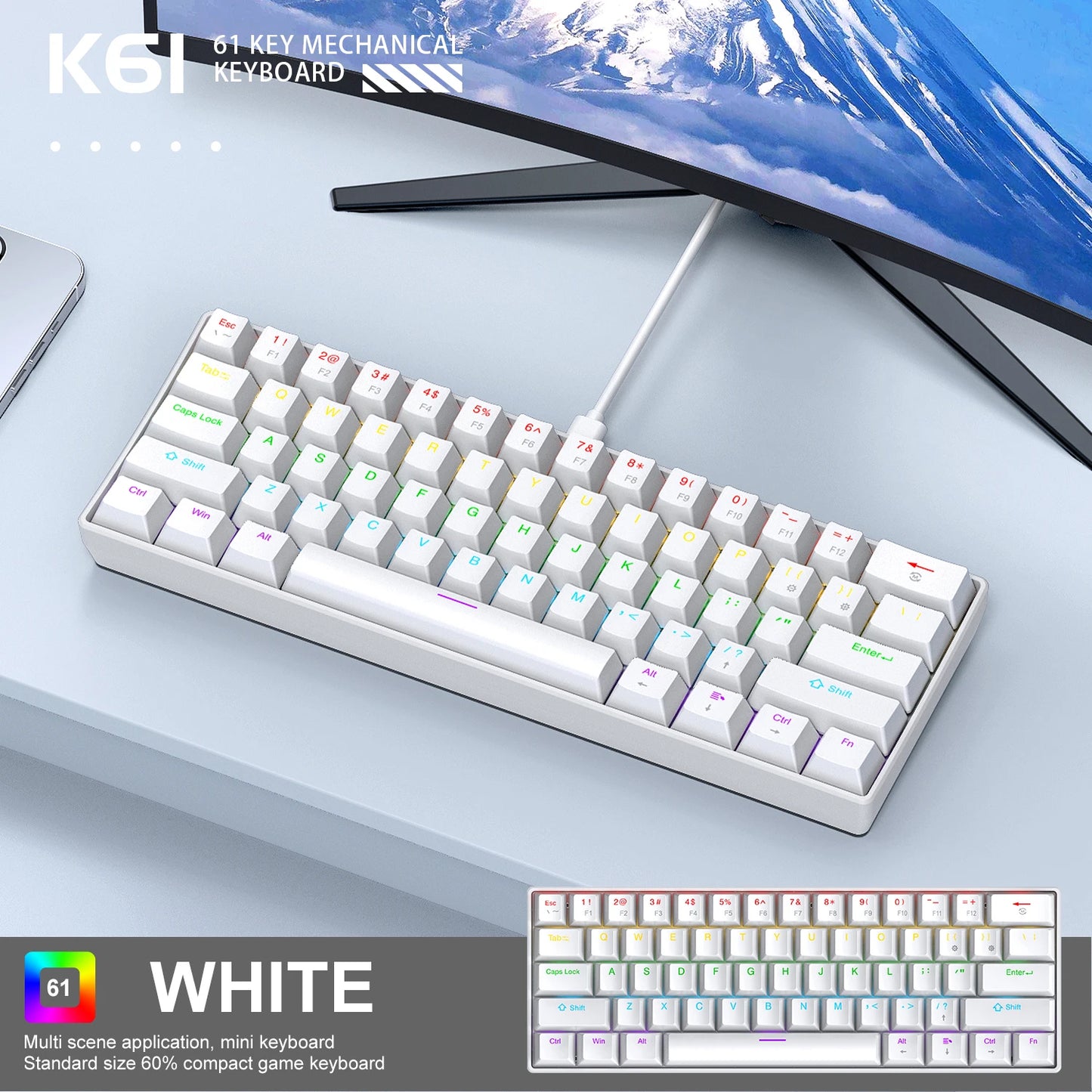 APAYADO K61 60% Mechanical Keyboard Wired RGB, 61 Keys Mini Gaming Keyboard with Red/Blue Switches, Compact RGB Mechanical Keyboard for PC & Laptop