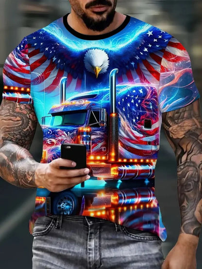 Men's Patriotic 3D Eagle Print T-Shirt Casual Crew Neck Short Sleeved Pullover for Summer Fashion Outdoor Activities Men Clothes