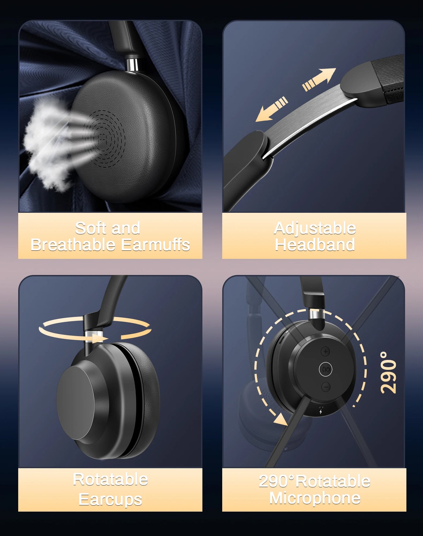 Rownfusny Wireless Headset with Mic for Work Bluetooth Over Ear Headphones USB Dongle for Computer/Remote Work/Call Center