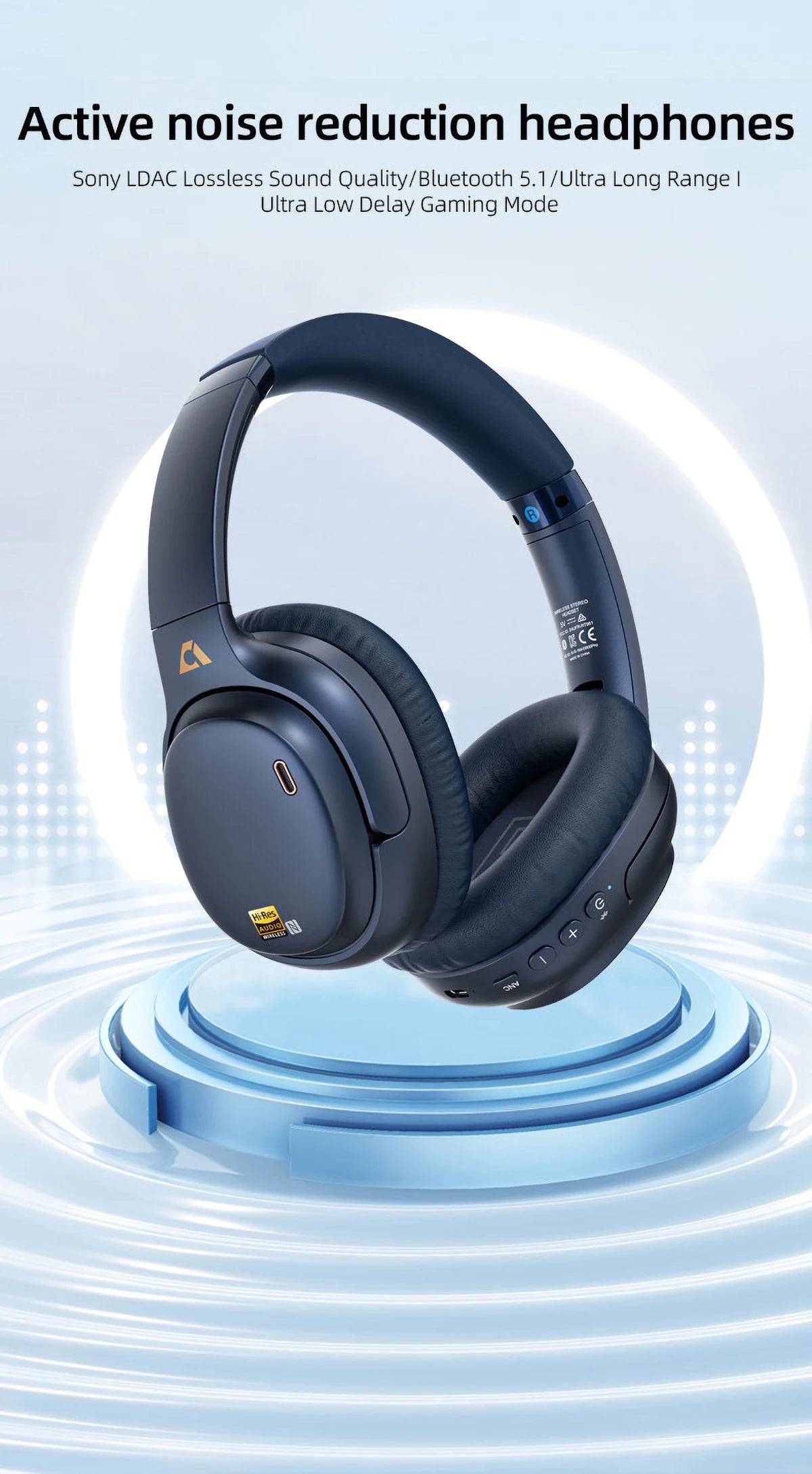1Mii E700 Wireless Bluetooth Headphones with LDAC Hi-Res Audio, Active Noise Cancelling Bluetooth Headphones, HiFi Stereo Wireless Gaming Headset, 65-Hour Battery Life