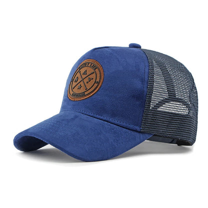 A retro-style suede work cap with a leather logo and breathable mesh design, suitable for both men and women to wear casually.