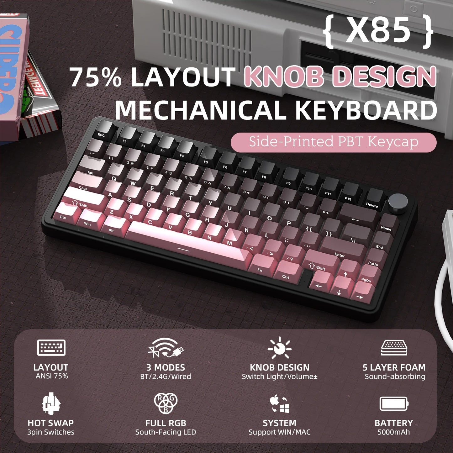 ATTACK SHARK X85 Tri-Mode-Gasket 75% mechanische Tastatur mit CNC-Drehknopf, 5-lagiger Dämpfung, Hot-Swap-Funktion, RGB-Hintergrundbeleuchtung, NKRO