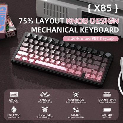 ATTACK SHARK X85 Tri-Mode-Gasket 75% mechanische Tastatur mit CNC-Drehknopf, 5-lagiger Dämpfung, Hot-Swap-Funktion, RGB-Hintergrundbeleuchtung, NKRO