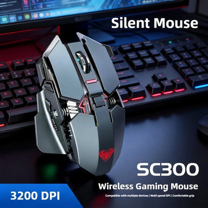 SC300 Wireless Mechanical Gaming Mouse, Rechargeable RGB Gaming Mouse with Adjustable DPI, Silent Ergonomic Wireless Mouse for PC, Laptop & Tablet