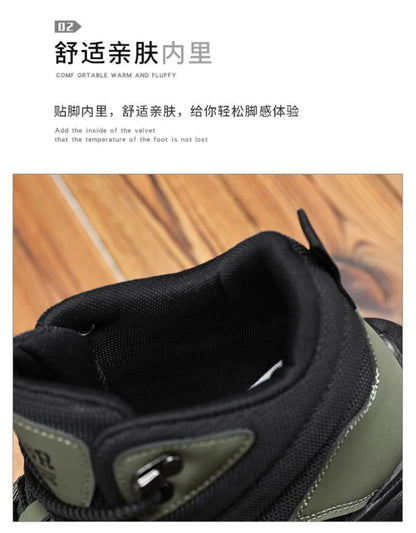Botas de senderismo de caña media para hombre, en blanco y negro, de cuero impermeable, con plataforma, zapatillas antideslizantes para exterior, calzado informal con suela resistente