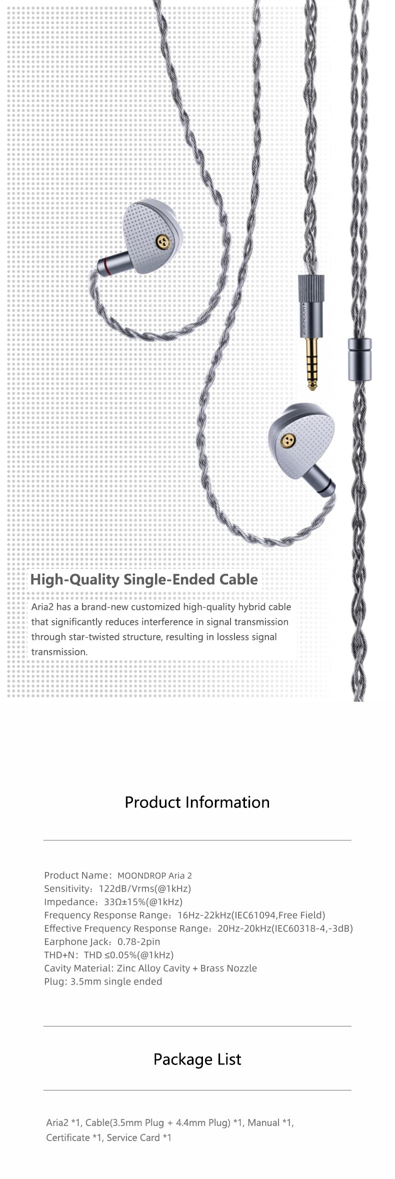MOONDROP Aria 2 HiFi Wired IEM Earphones with Detachable Cable, High Performance Dynamic Driver In-Ear Monitor Earbuds 3.5mm/4.4mm Plug