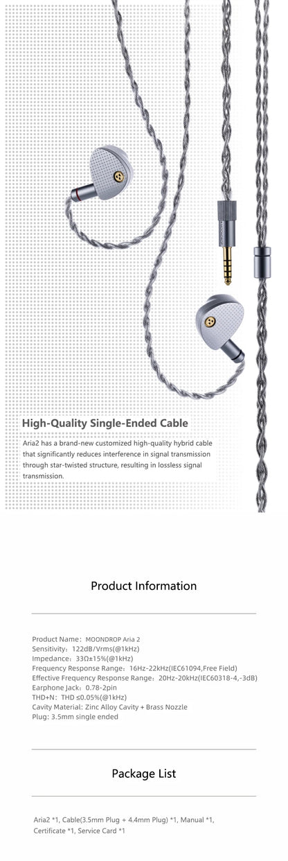 MOONDROP Aria 2 HiFi Wired IEM Earphones with Detachable Cable, High Performance Dynamic Driver In-Ear Monitor Earbuds 3.5mm/4.4mm Plug