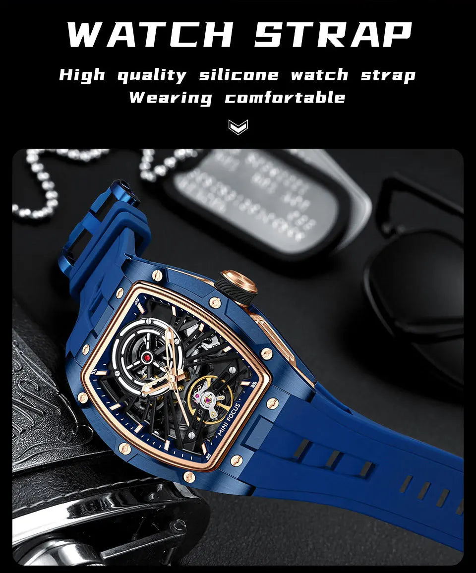 MINI FOCUS Men's Wristwatch Fashion Black Waterproof Automatic Mechanical Watch with Luminous Hands Silicone Strap Tonneau Dial