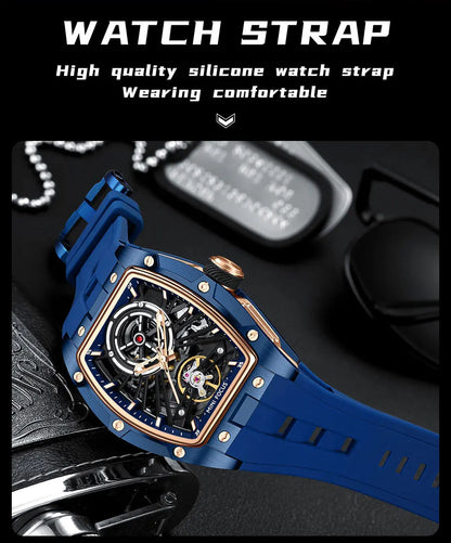 MINI FOCUS Men's Wristwatch Fashion Black Waterproof Automatic Mechanical Watch with Luminous Hands Silicone Strap Tonneau Dial