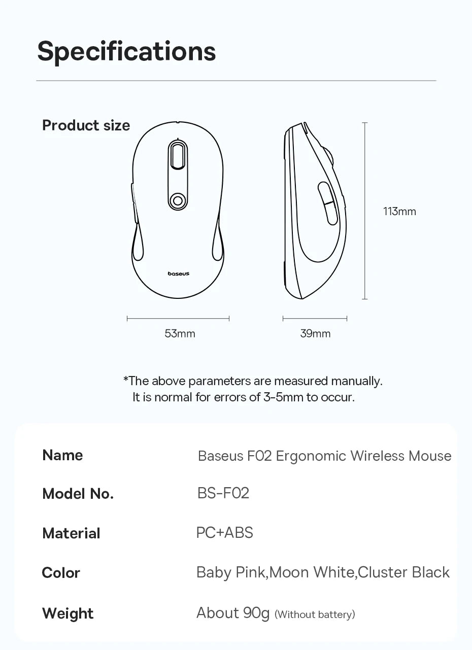 Baseus F02 Ergonomic Wireless Mouse with Bluetooth 5.2, 2.4G, 4000 DPI & 7 Silent Buttons