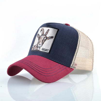 Gorras de camionero de moda con parche bordado de cabra. Gorra de béisbol Snapback «Four Seasons» para hombre y mujer, con visera ajustable.