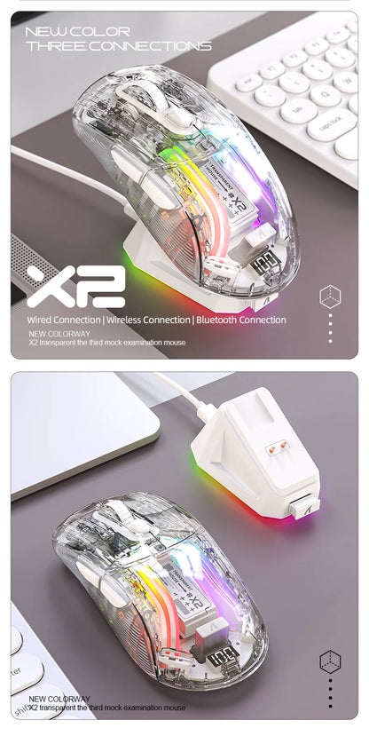 Attack Shark X2PRO Bluetooth Mouse Tri-Mode Wireless RGB Gaming Mouse with Magnetic Charging Dock, Transparent Design, Battery Indicator for PC, Laptop & Mobile
