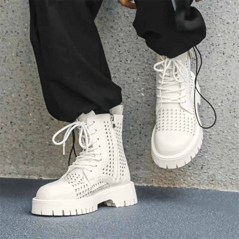 Non-Slip Men's High Top Casual Leather Shoes Street Style Motorcycle Boots New Stylish Ankle Boots Thick Bottom Walking Footwear