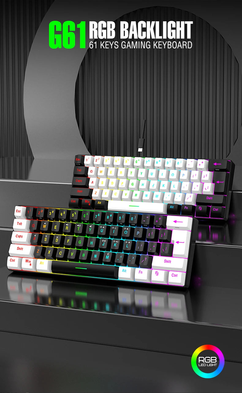 61-key wired white, black and blue switch waterproof mechanical keyboard RGB illuminated game and office kit PUBG gamer backlit
