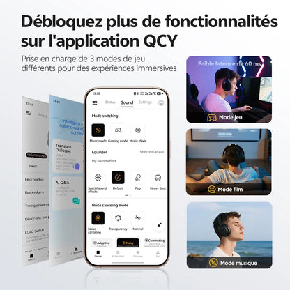 QCY H3S -56dB ANC adaptativa Auriculares Bluetooth 6.0 circumaurales – Auriculares inalámbricos Hi-Res LDAC, batería de 102H, sonido espacial con doble transductor
