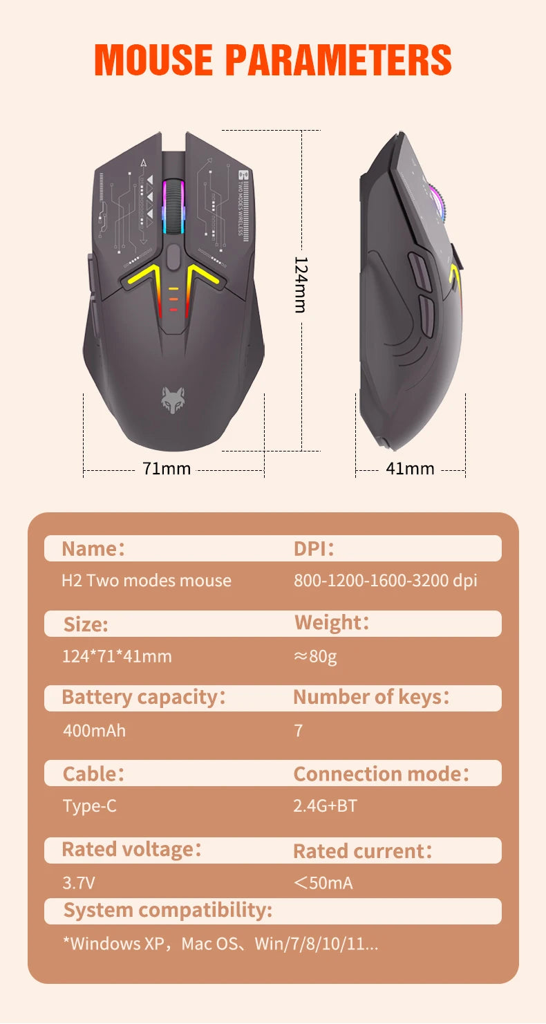 XUNSVFOX H2 trådlös Bluetooth-mus med dubbla lägen, RGB-belysning, för laptop, gaming och kontor, magnetisk laddning