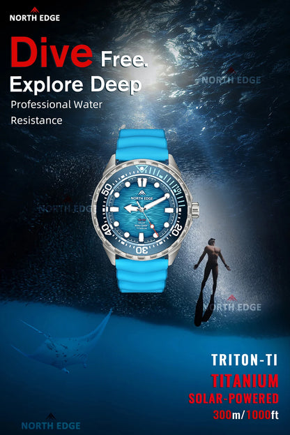 NORTH EDGE TRITON-TI Titanium Stainless Solar-Powered Diving Watch Luxury Quartz Watches For Men 300M Waterproof 180+ Day Power